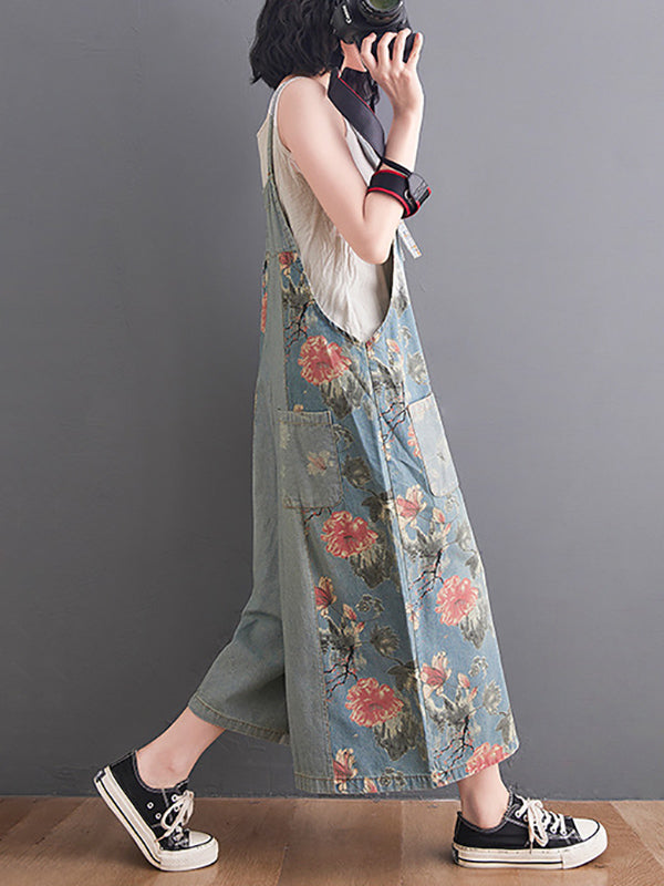 xakxx Oversize Wide Leg Floral Printed Split-Joint Overalls