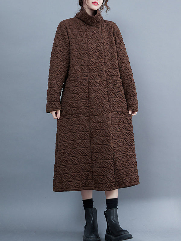 xakxx Casual Long Sleeves Loose Solid Color Textured High-Neck Cotton Padded Midi Dresses