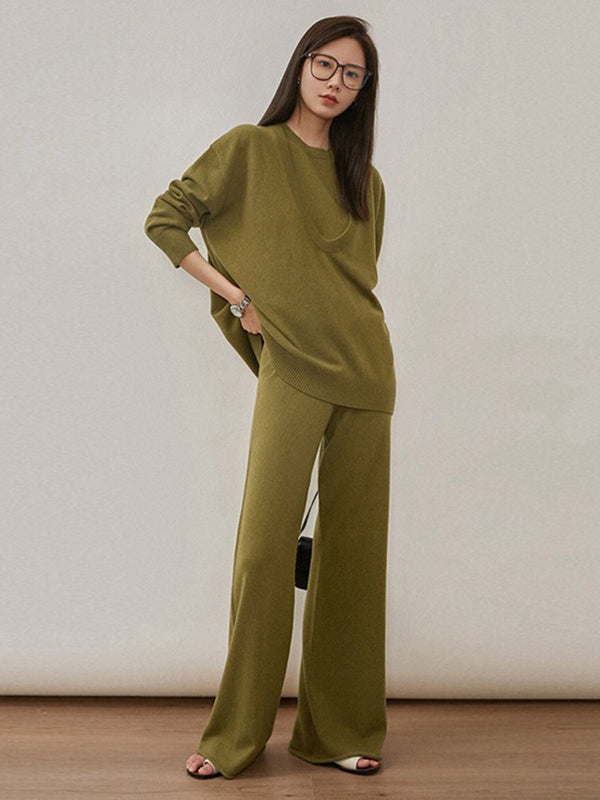 xakxx xakxx-Urban Loose Solid Round-Neck Vest Top& V-Neck Sweater Tops& Wide Leg Pants Three-Piece Set