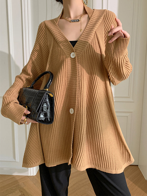 xakxx Stylish A-Line Long Sleeves Loose Solid Color V-Neck Cardigan Tops