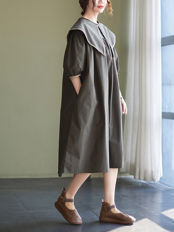 xakxx Loose Short Sleeves Pleated Split-Joint Peter Pan Collar Midi Dresses