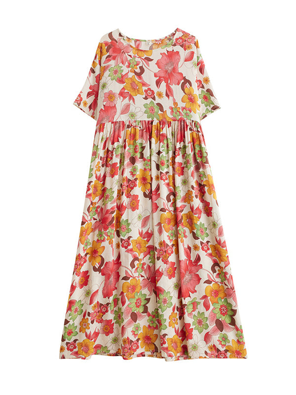 xakxx Loose Short Sleeves Pleated Printed Split-Joint Round-Neck Midi Dresses