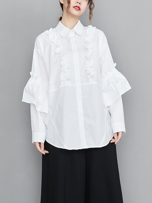 xakxx Casual Loose Long Sleeves Buttoned Ruffled Solid Color Lapel Collar Blouses&Shirts Tops
