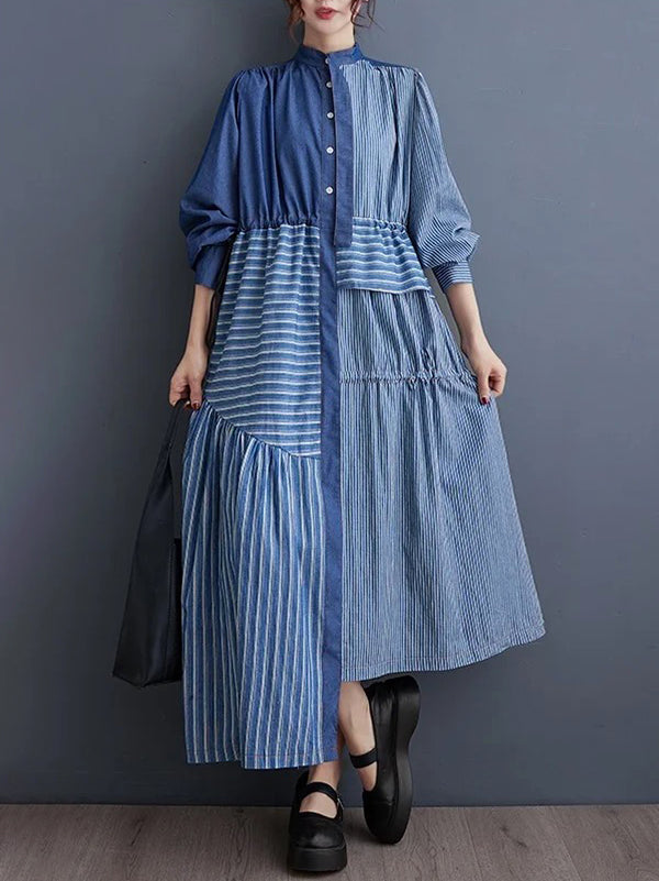 xakxx High Waisted Long Sleeves Asymmetric Buttoned Contrast Color Split-Joint Striped Tied Waist Mock Neck Midi Dresses
