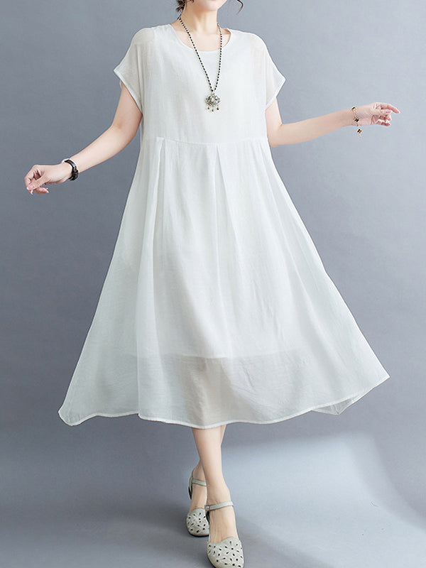 xakxx Loose Short Sleeves Solid Color Split-Joint Round-Neck Midi Dresses