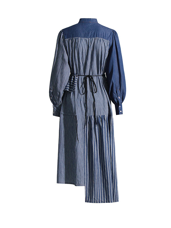 xakxx High Waisted Long Sleeves Asymmetric Buttoned Contrast Color Split-Joint Striped Tied Waist Mock Neck Midi Dresses