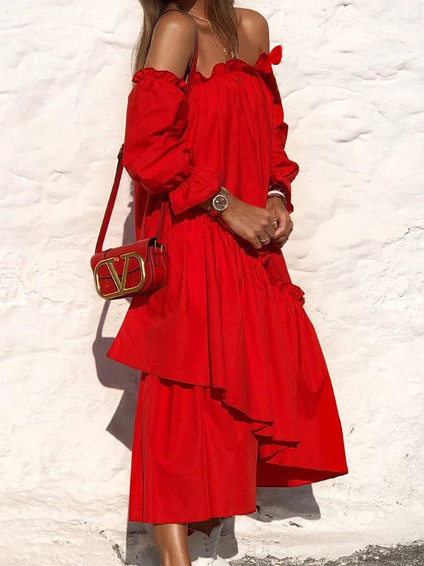 xakxx Loose Irregularity Falbala Solid Color Off-The-Shoulder Midi Dresses