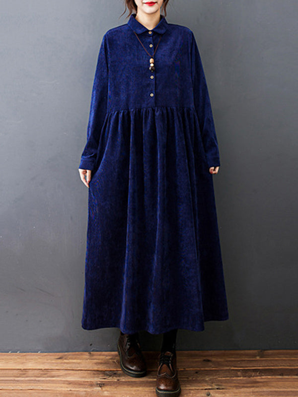 xakxx Vintage Split-Joint Solid Color Long Sleeves Lapel A-Line Corduroy Midi Dress