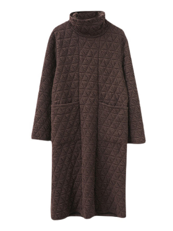 xakxx Casual Long Sleeves Loose Solid Color Textured High-Neck Cotton Padded Midi Dresses