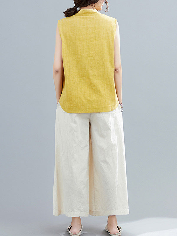 xakxx Artistic Retro Chinese-Style Printed Buttoned Stand Collar Sleeveless Vest