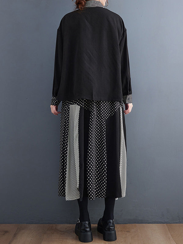 xakxx Loose Oversize Striped Polka-Dot Split-Joint Blouse Top A-Line Skirt Bottom Two Pieces Set