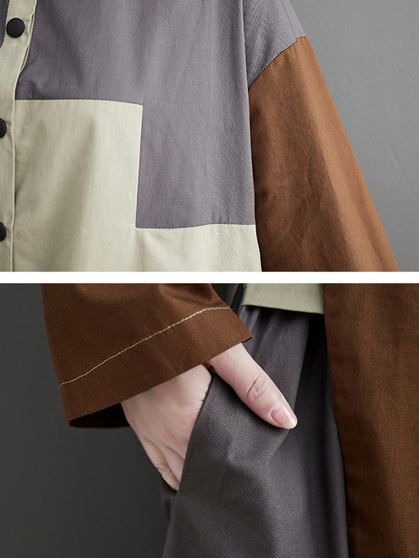 xakxx Vintage Loose Long Sleeves Contrast Color Polo Midi Dresses