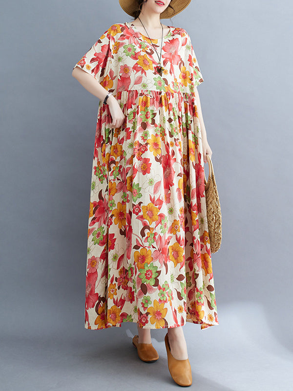 xakxx Loose Short Sleeves Pleated Printed Split-Joint Round-Neck Midi Dresses