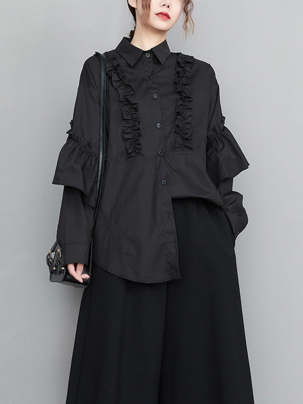 xakxx Casual Loose Long Sleeves Buttoned Ruffled Solid Color Lapel Collar Blouses&Shirts Tops