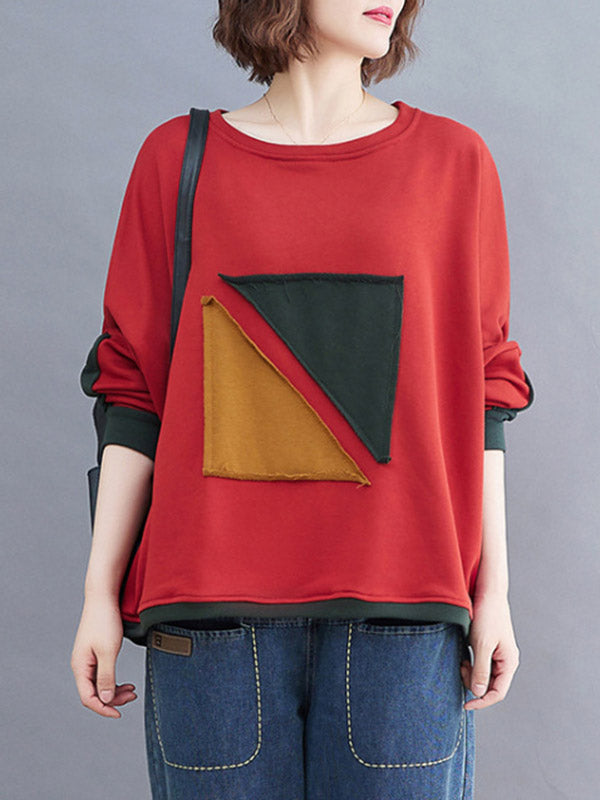 xakxx Artistic Retro Loose Triangle Applique Contrast Color Round-Neck Long Raglan Sleeves Sweatshirt