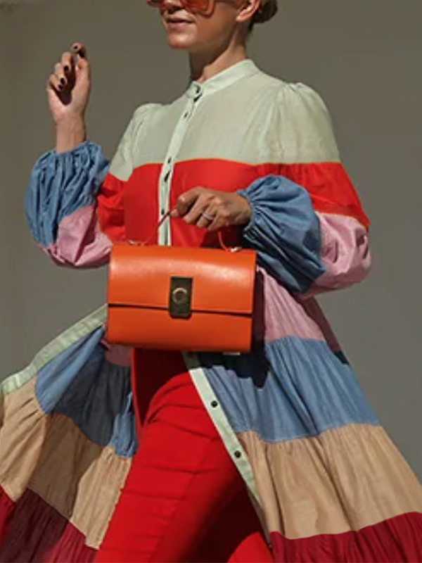 xakxx Long Sleeves Loose Buttoned Contrast Color Striped Stand Collar Maxi Dresses Outerwear