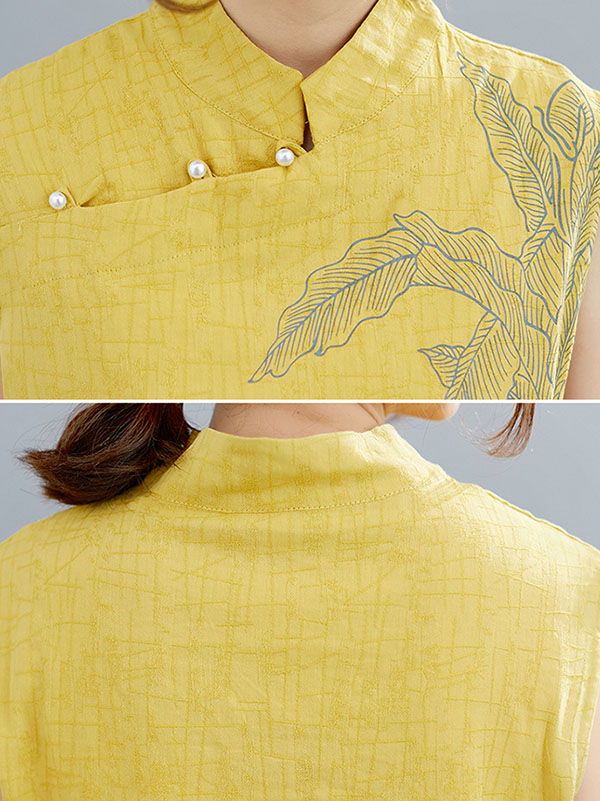 xakxx Artistic Retro Chinese-Style Printed Buttoned Stand Collar Sleeveless Vest