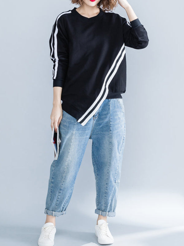 xakxx Cropped Long Sleeves Striped Round-Neck Hoodies&Sweatshirt