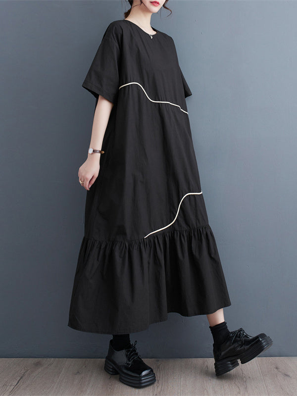 xakxx Loose Short Sleeves Pleated Split-Joint Round-Neck Midi Dresses