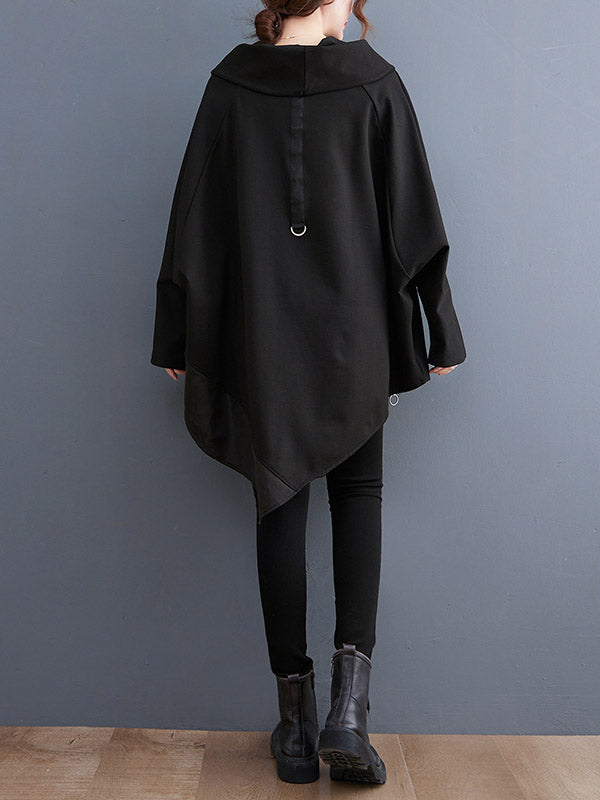 xakxx Long Sleeves Loose Asymmetric Split-Joint Zipper Heaps Collar Sweatshirt Tops