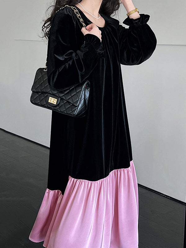 xakxx Flared Sleeves Long Sleeves Contrast Color Pleated Ruffled Split-Joint Velvet Round-Neck Midi Dresses