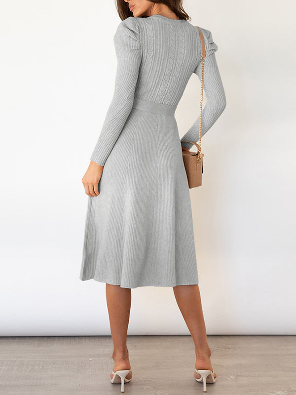 xakxx High Waisted Long Sleeves Solid Color Tied Waist Round-Neck Midi Dresses Sweater Dresses