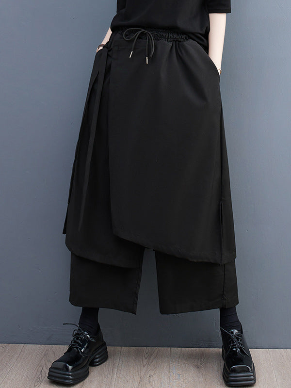 xakxx Wide Leg Loose Drawstring Solid Color Casual Pants Bottoms Culotte