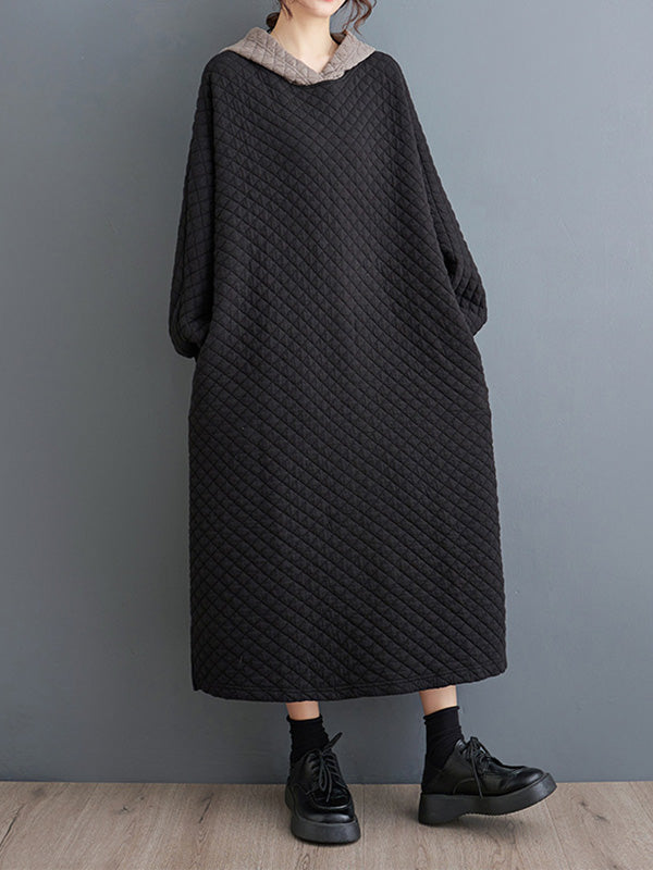xakxx A-Line Long Sleeves Hooded Quilted Split-Side Midi Dresses