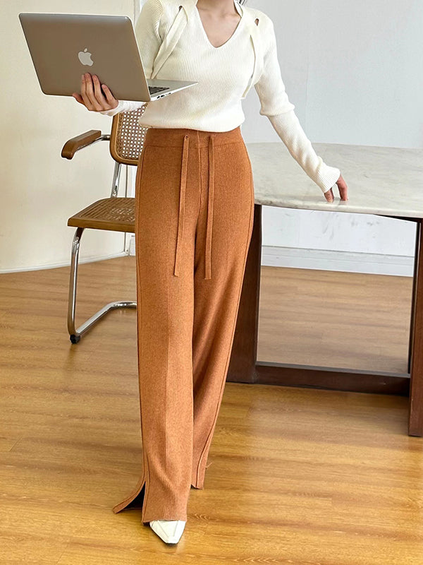 xakxx High Waisted Loose Drawstring Solid Color Split-Side Velvet Pants Trousers