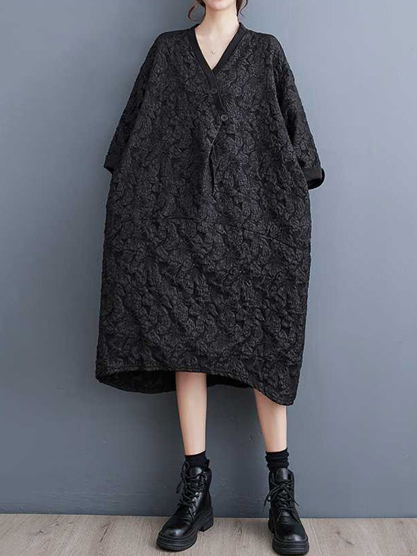 xakxx A-Line Half Sleeves Asymmetric Buttoned Jacquard V-Neck Midi Dresses