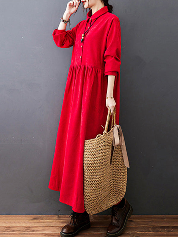 xakxx Vintage Split-Joint Solid Color Long Sleeves Lapel A-Line Corduroy Midi Dress