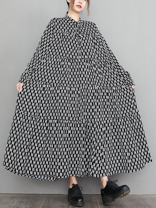 xakxx Casual Long Sleeves Loose Buttoned Contrast Color Printed Split-Joint Stand Collar Midi Dresses