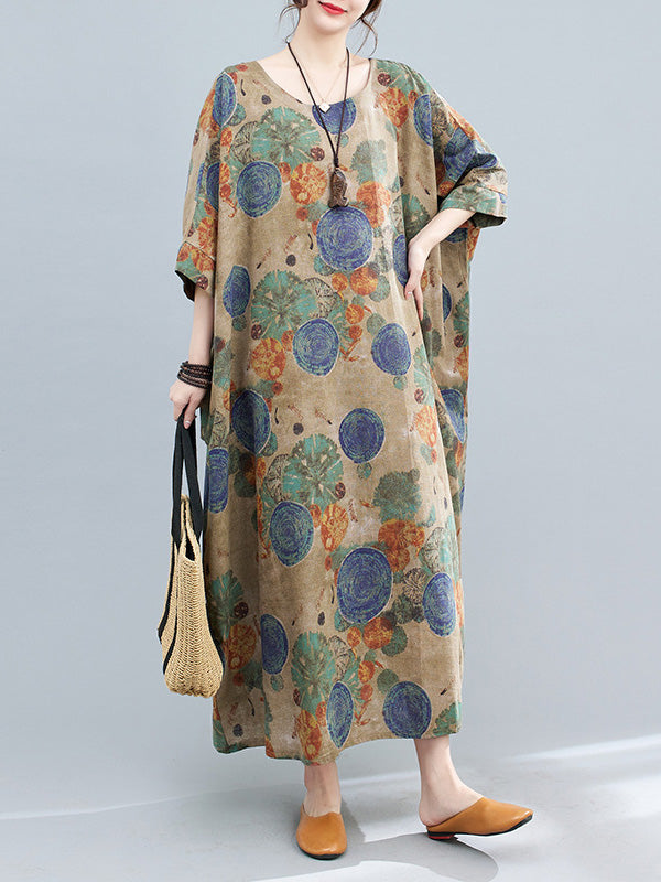xakxx Casual Half Sleeves Loose Floral Printed Contrast Color Polka-Dot Round-Neck Midi Dresses