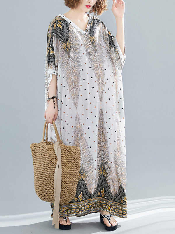 xakxx Ethnic Printed Plus Size V-Neck Batwing Sleeve Maxi Dress