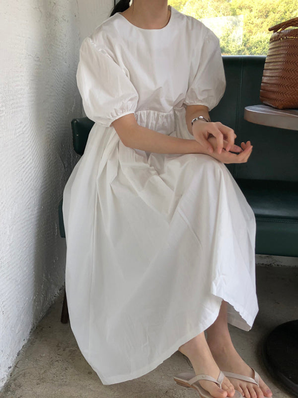 xakxx Original Loose Solid Color Pleated Puff Sleeves Midi Dress