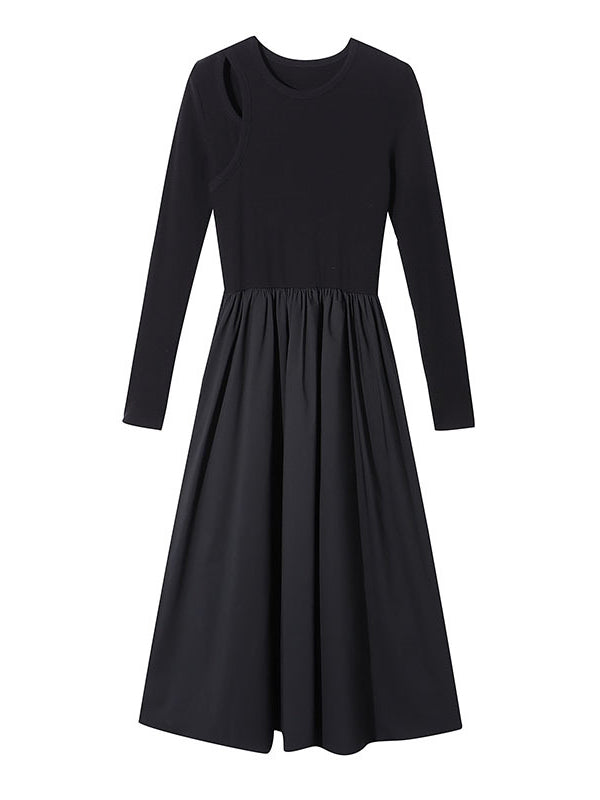 xakxx A-Line Long Sleeves Elasticity Hollow Solid Color Split-Joint Round-Neck Midi Dresses