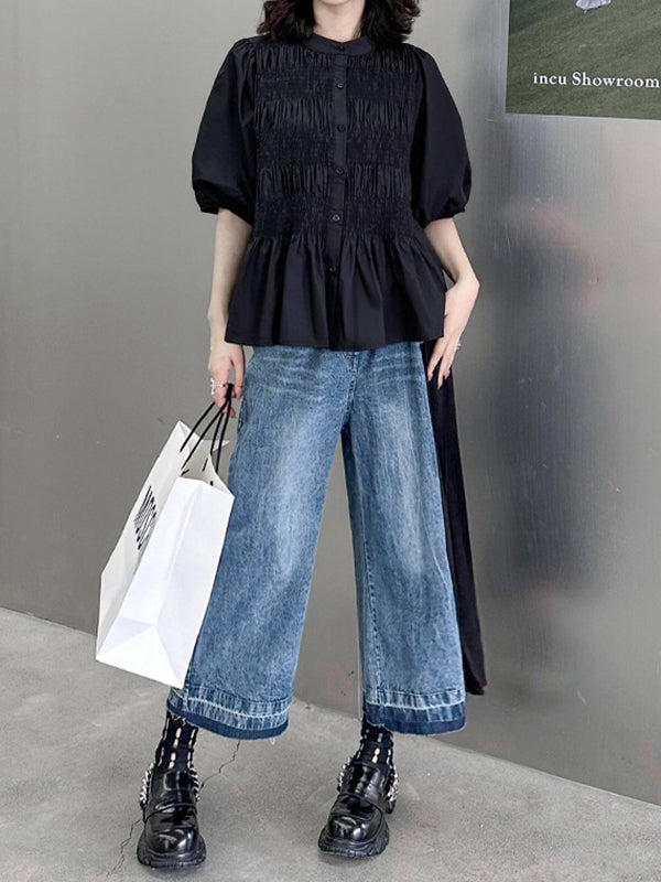 xakxx Loose Ninth Pants Contrast Color Pleated Split-Joint Jean Pants Bottoms