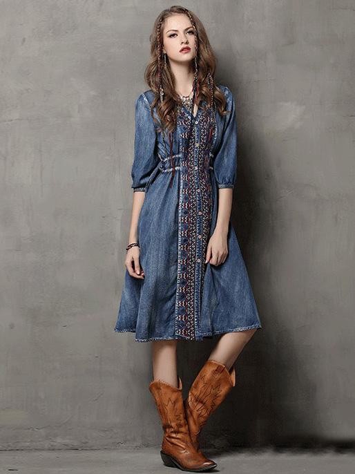 xakxx Vintage Oversize Embroidery Denim Dress