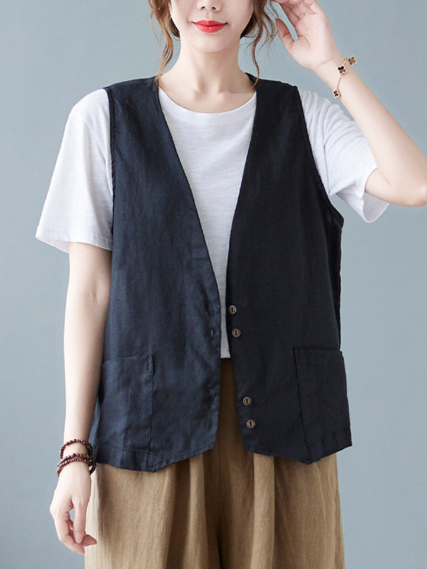 xakxx Simple Loose V-Neck Solid Color Vest