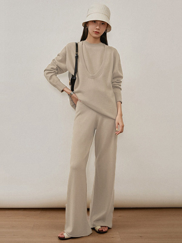 xakxx xakxx-Urban Loose Solid Round-Neck Vest Top& V-Neck Sweater Tops& Wide Leg Pants Three-Piece Set