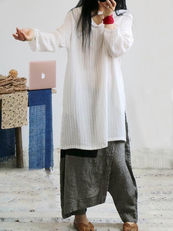 xakxx Vintage Plaid Split-joint Cropped Linen Pants