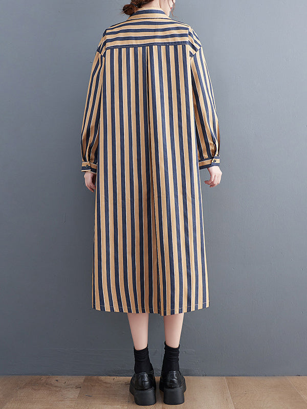 xakxx Original Loose Long Sleeves Buttoned Striped Lapel Collar Midi Shirt Dresses