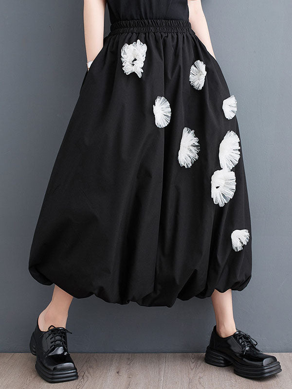xakxx Loose Flower-Embellished Elastics Solid Color Skirts Bottoms
