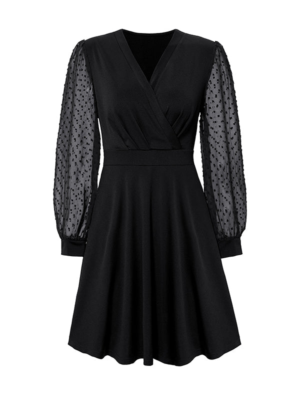 xakxx A-Line Long Sleeves Gauze Pleated Split-Joint V-Neck Midi Dresses