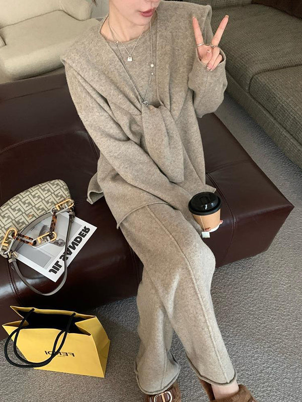 xakxx xakxx-Solid Color Long Sleeves Loose Round-Neck Three Pieces Set