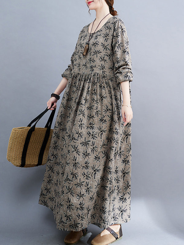 xakxx Artistic Retro Long Sleeves Loose Floral Printed Round-Neck Midi Dresses