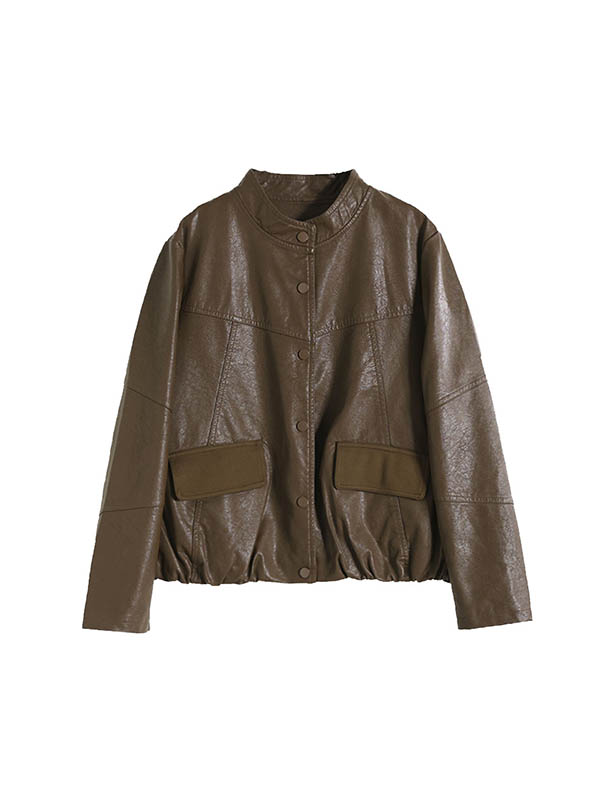 xakxx Long Sleeves Loose Buttoned Pleated Pockets Split-Joint Stand Collar Jackets Outerwear