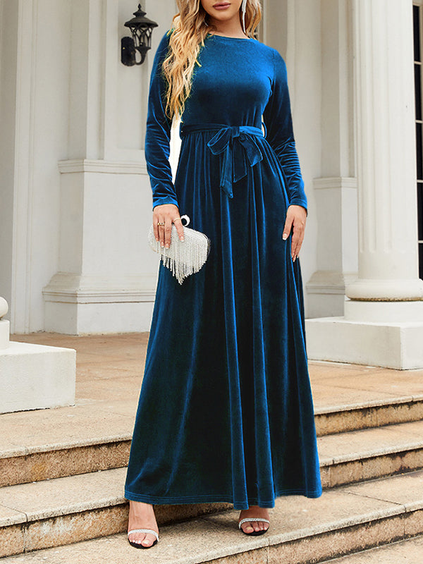 xakxx Long Sleeves Wrap Belted Pleated Solid Color Zipper Round-Neck Maxi Dresses