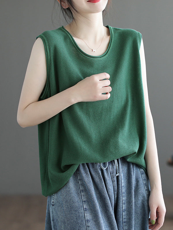 xakxx Loose Sleeveless Solid Color Round-Neck Knitting Vest Top