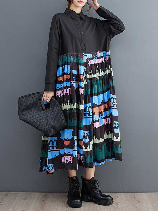 xakxx A-Line Long Sleeves Buttoned Pleated Printed Split-Joint Lapel Midi Dresses